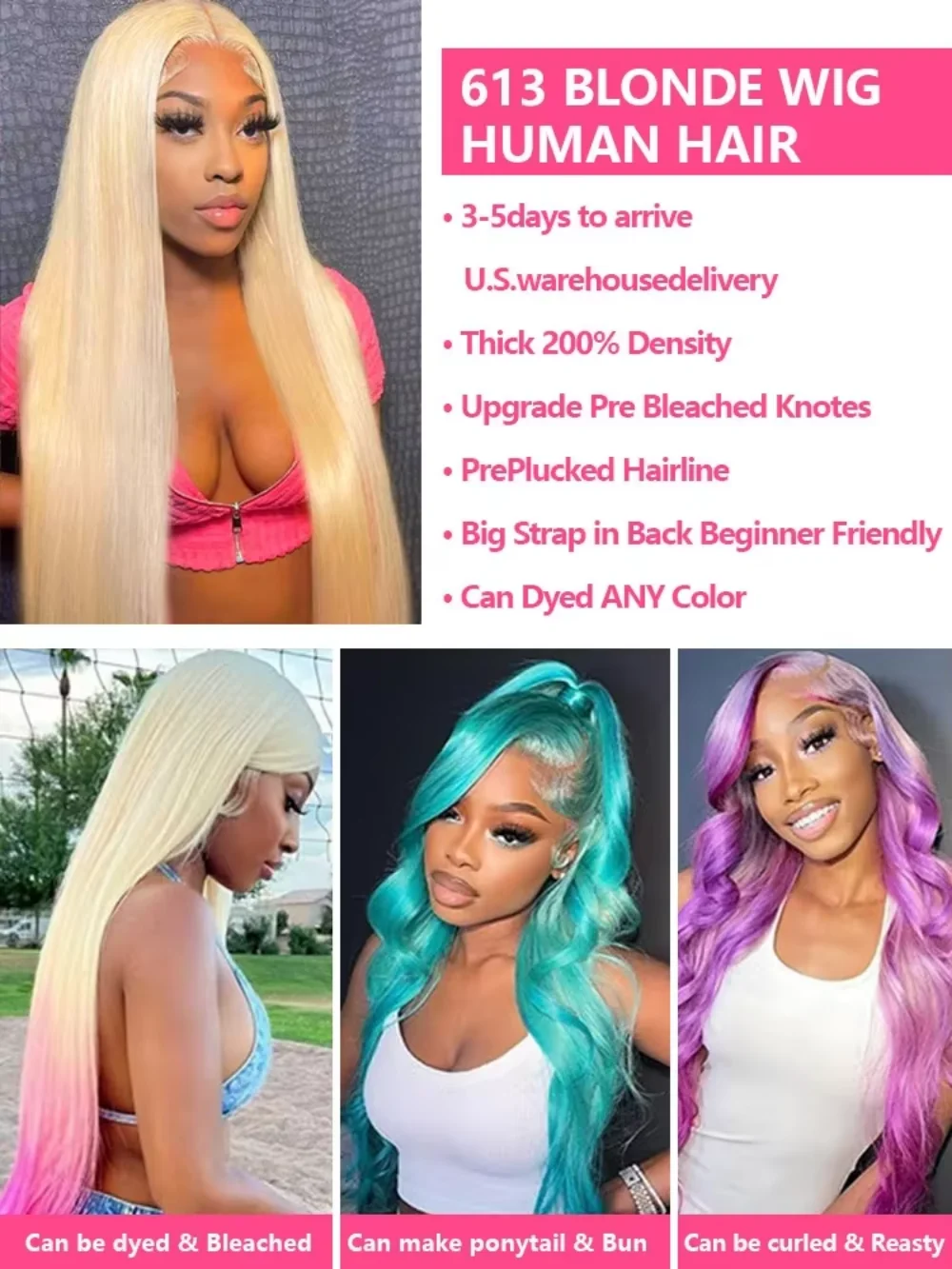 Peruca de Cabelo Humano 46 Polegadas Liso 613 Loiro Mel com Renda HD 13x4 e 13x6, Densidade 220