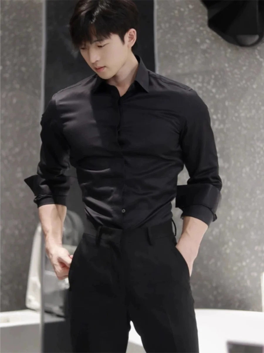 

Slim Fit Long Sleeve Men's Shirt Dull Style Inner Wear High End Feeling Autumn Spring Fashion Trend Street Style Dressing