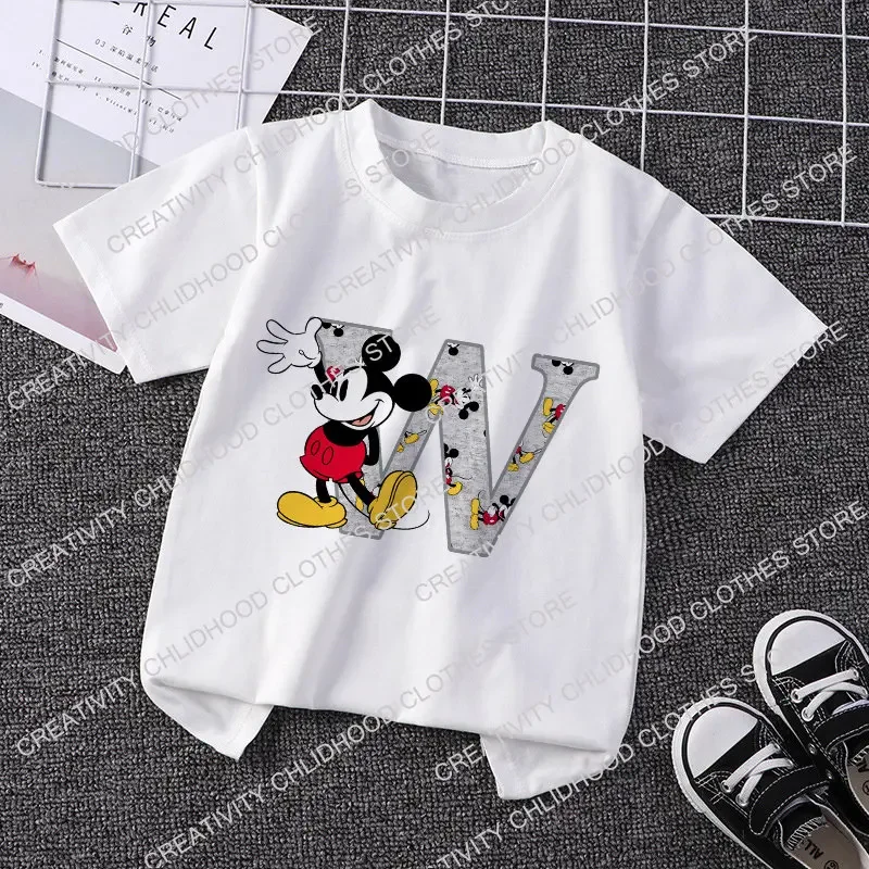 Mickey Mouse Kinder T-Shirt Buchstaben Name Kombination T-Shirts Disney Cartoon Kawaii Kind Freizeit kleidung Mädchen Junge Mode Top