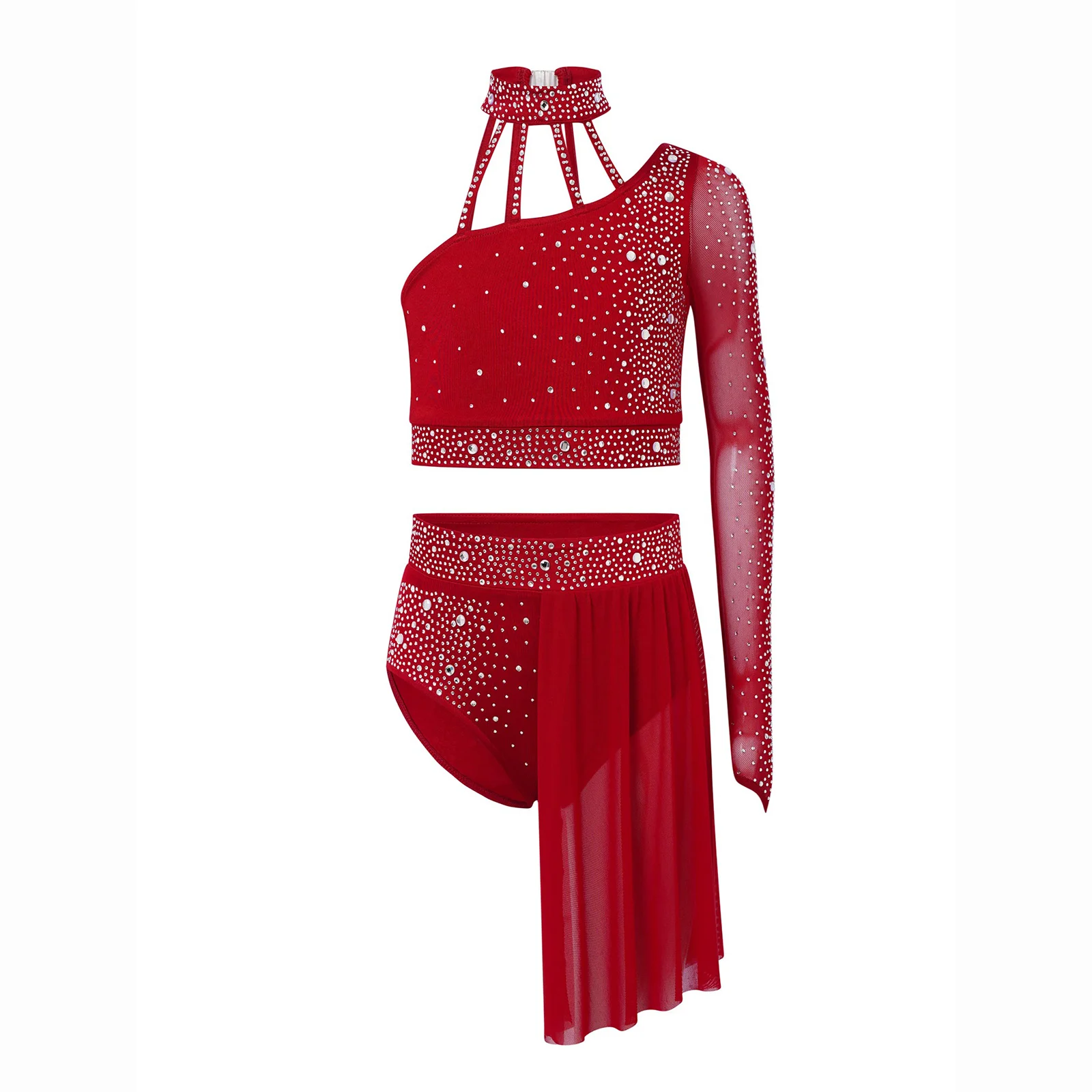 Moderne zeitgenössische Tanzkleidung für Mädchen, lyrisches Tanzkostüm, einschultriges Strass-Crop-Top mit Röcken, Gymnastik-Ballett-Outfits