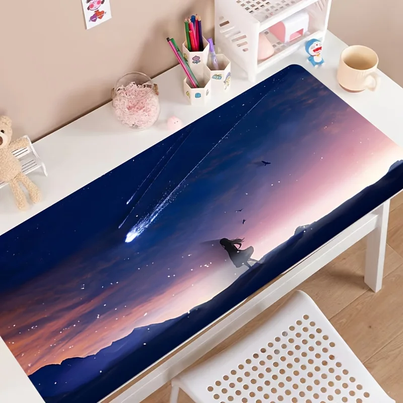 Anime Girl Silhouette & Meteor Gaming Mouse Pad, Large Non-Slip Desk Mat with Dreamy Sunset Sky for Gamers & Home Office