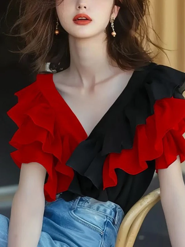 Chic V-Ne ort Sve irt Women's Summer Special Beautiful irt Lovely Small Top Polyester Material Commute Sle