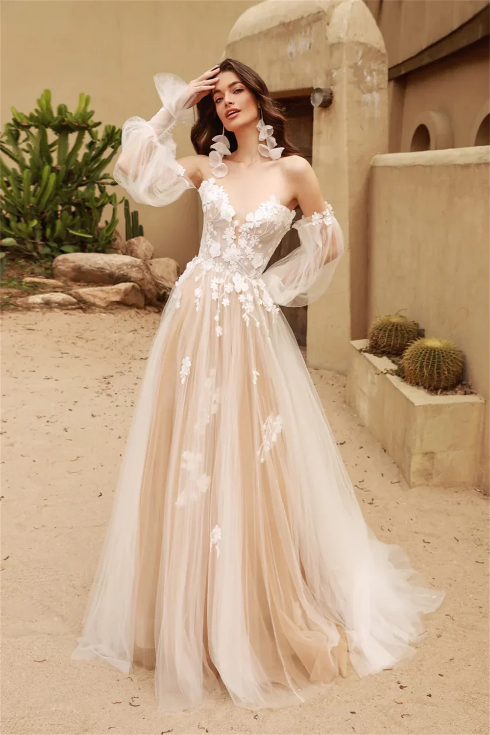 

V-neck Backless Sweet Detachable Long Sleeved Lace Applique Bohemian Wedding Dress,Birthday Dress Customized