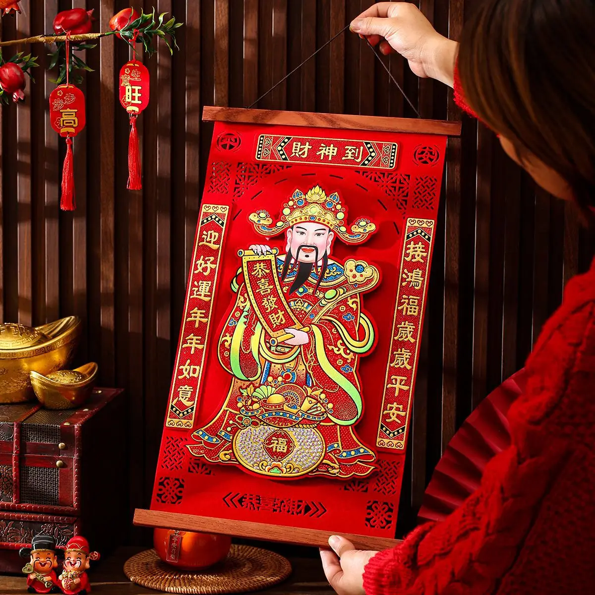 

2026 Plush 3D God of Wealth Decor Painting New Year and Spring Festival Stickers Wall Living Room New Year Painting Wall Hanging