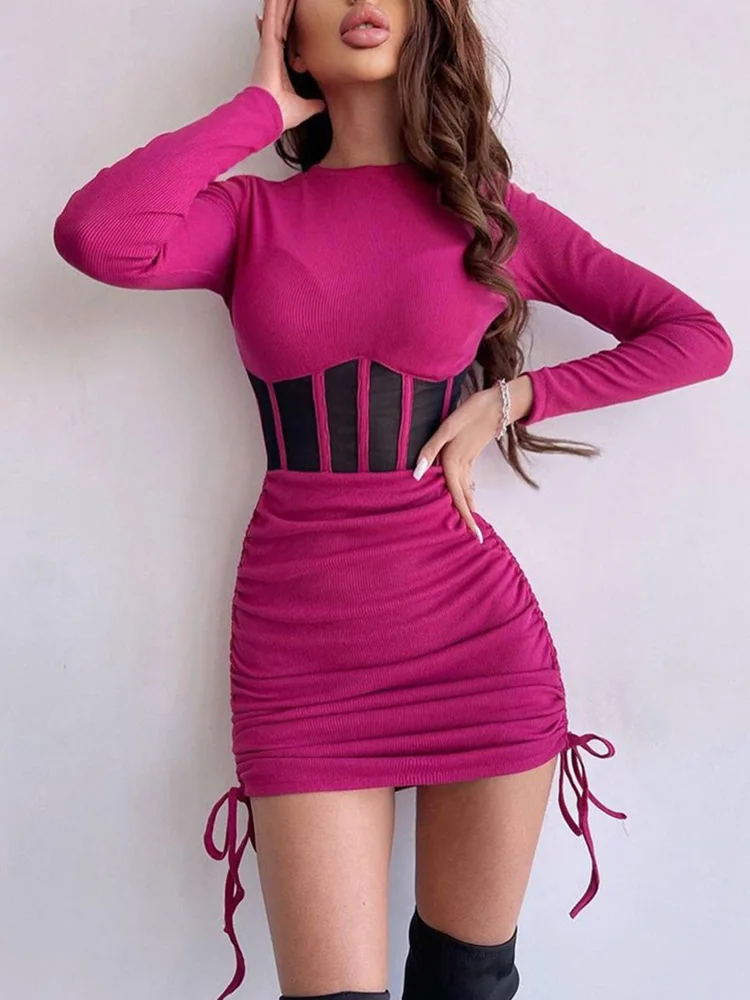 2023 Women Autumn New Mini Dress O-Neck Long Sleeve Dress Female Vintage Solid Color Dress Casual Slim Female Dresses