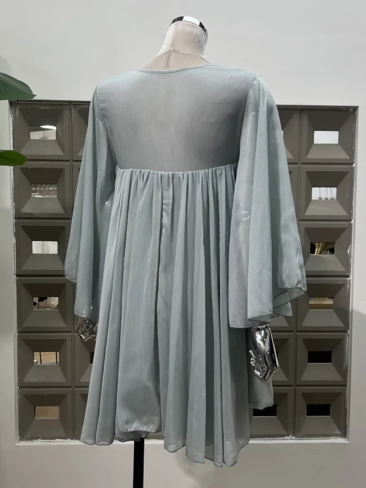 DFDG 2025 SS Vestido de gasa fluido para mujer Boho Cottagecore Vestido corto de corte A minimalista para vacaciones con lazo y faja con cuello Peter Pan Vestido de playa