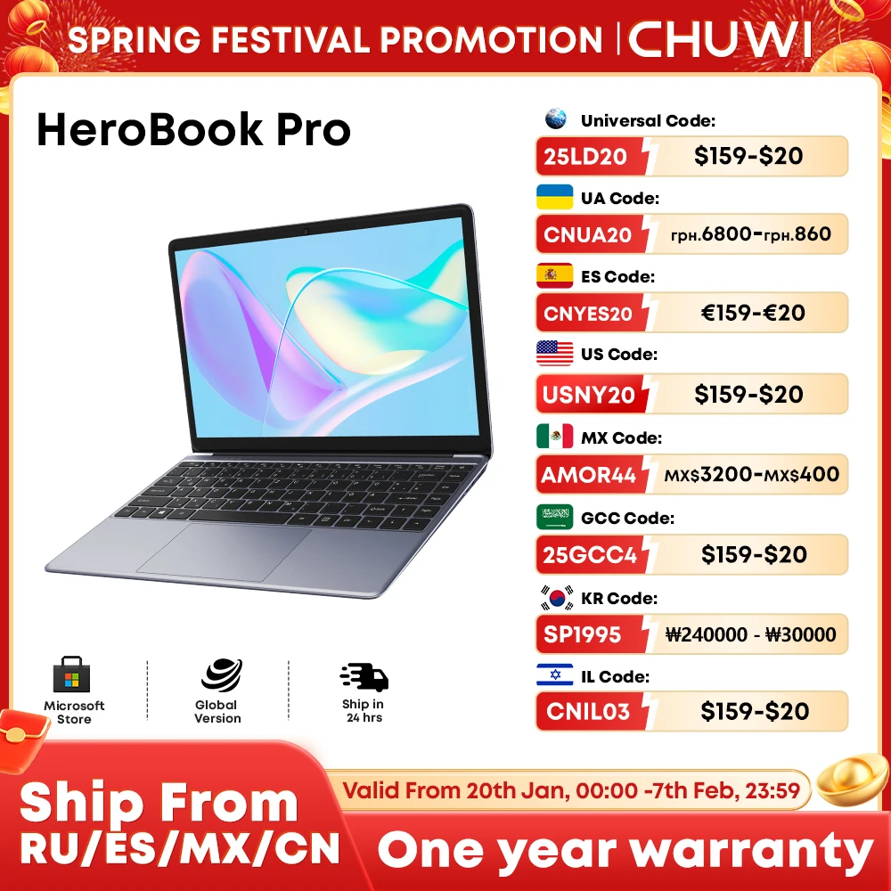 CHUWI HeroBook Pro/Plus Laptop 8GB RAM 256GB SSD Intel Celeron N4020 Dual Core Laptops IPS Screen Windows 11 NoteBook Computer