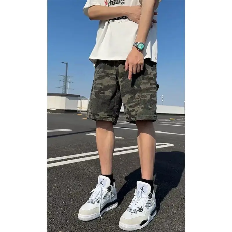 

Retro American Camouflage Denim orts Men Summer Trendy Waed Loose Straight Leg Workwear Five-Quarter Pants Casual orts