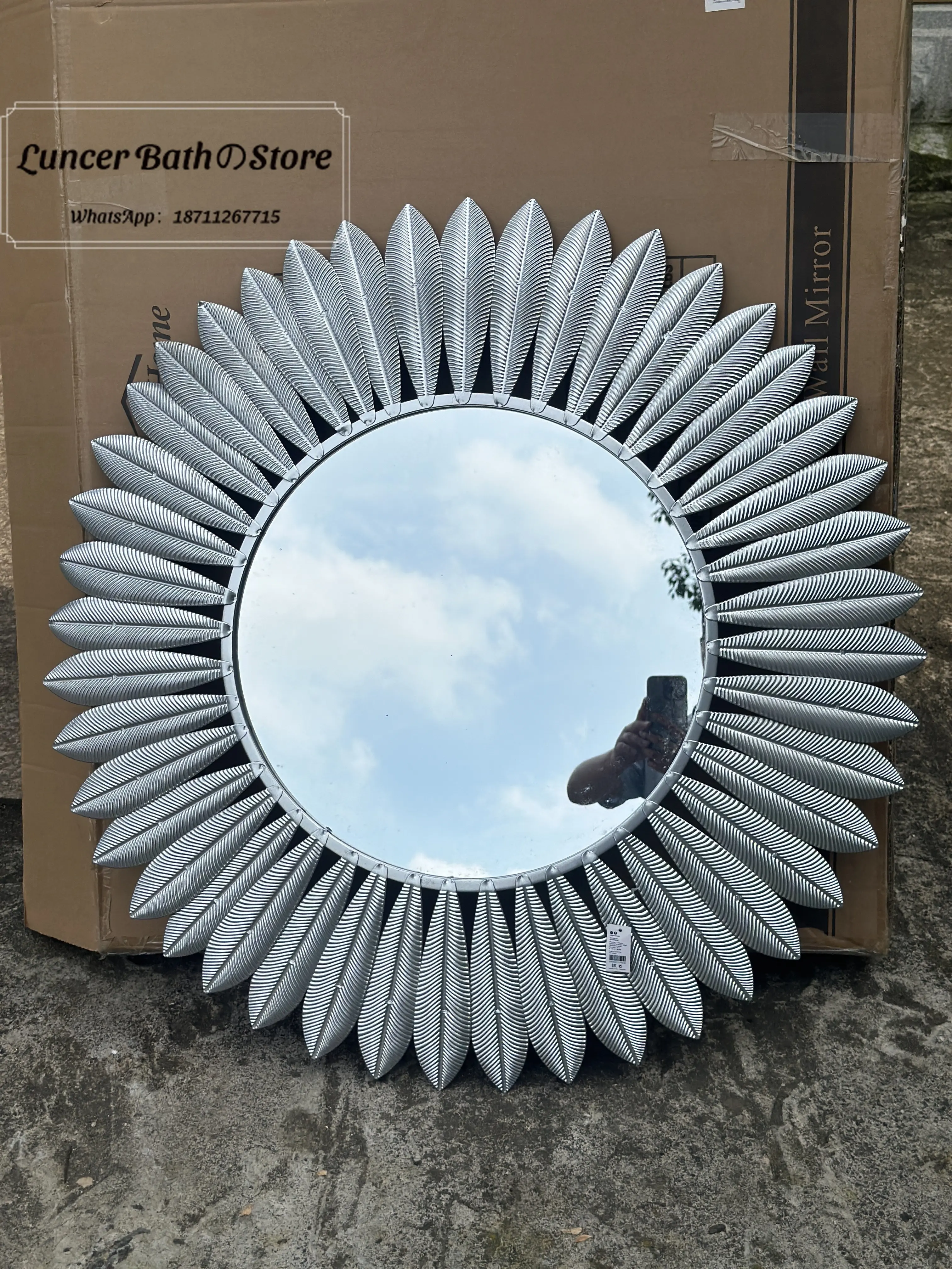 Round Wall Decor Mirror Vintage Iron Frame with Creative Feather Leaf Design for Entryway Hallway