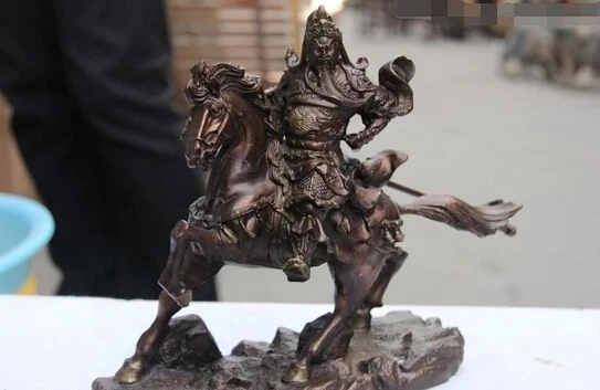 wholesale factory 9 China Red Copper Bronze Loyalism Guan Gong Warrior hold Sword On Horse Statue 25% off