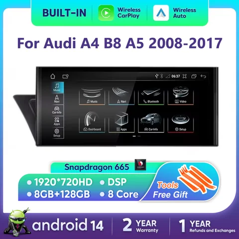 안드로이드 14 CarPlay For Audi A4 B8 A5 2008-2017 MMI 2G 3G 차량용 멀티미디어 IPS 스크린 GPS 자동 라디오 네비게이션 스테레오 DSP