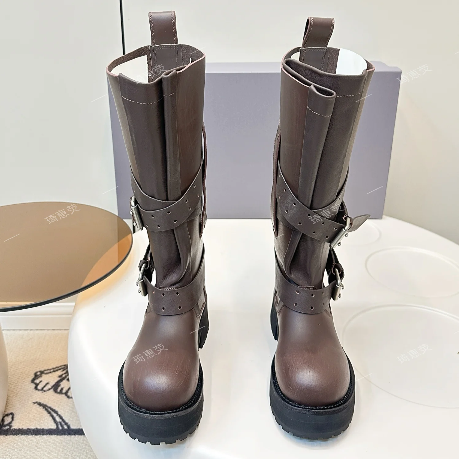 British-Style Genuine Leather Platform Riding Boots Autumn Retro Wide-Toe Thigh-High Boots Derby Punk Biker Boots Bota Feminina