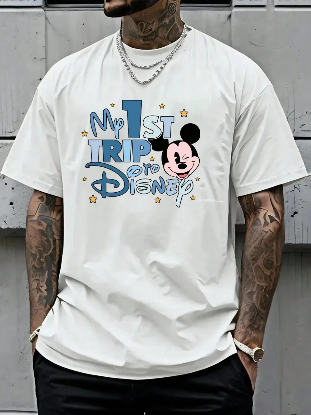 

New Men's T-Shirt Mickey and Minnie Cartoon Disney Style American Sportswear Pure Cotton Unisex All-Season Base Layer Streetwear