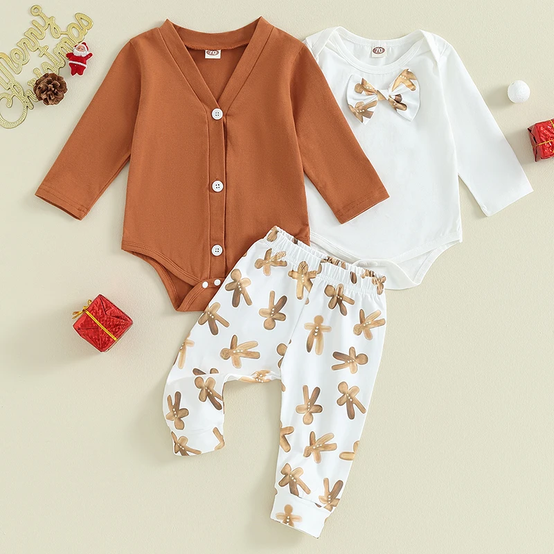 Christmas Baby Romper Set with Long Sleeve Gingerbread Man Print Jumpsuit and Pants Outfit for Infants