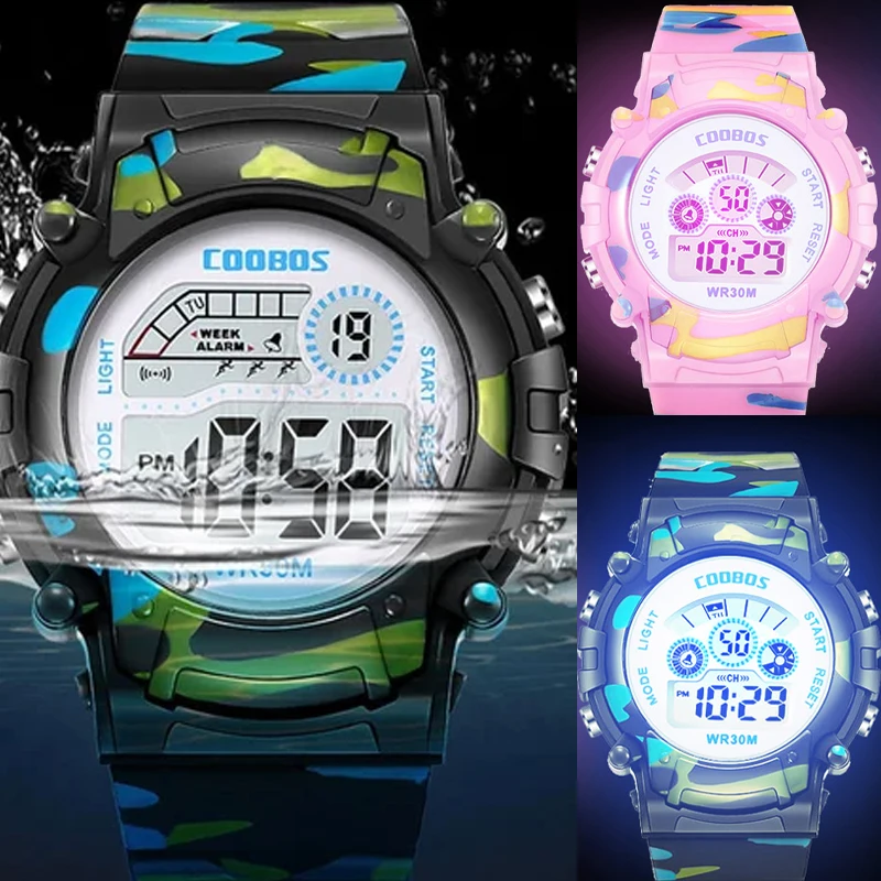 

Детские электронные спортивные часы 2026 года с цветным светящимся LED-дисплеем, водонепроницаемые, многофункциональные, с будильником, для мальчиков и девочек