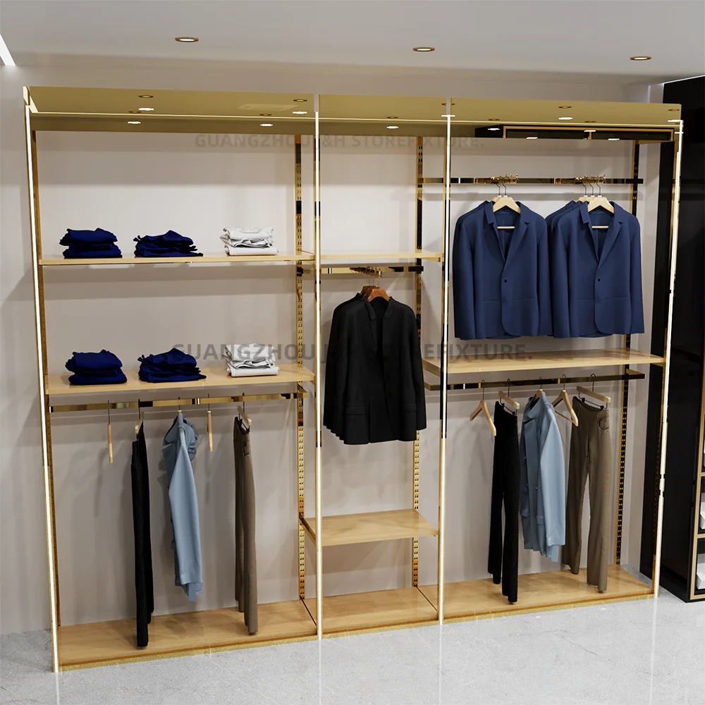 Custom.Custom .Custom.Stainless Steel Texture Clothes Shop Display Rack Custom Logo Metal Clothes Hanging Shelves Stand for Man