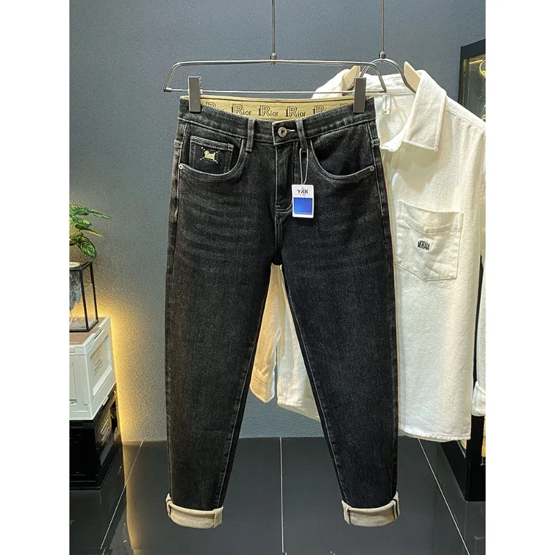 High-End Thickening Warm with Velvet Jeans Men's Skinny Ankle-Tied Trendy Winter New Casual Stretch Pants