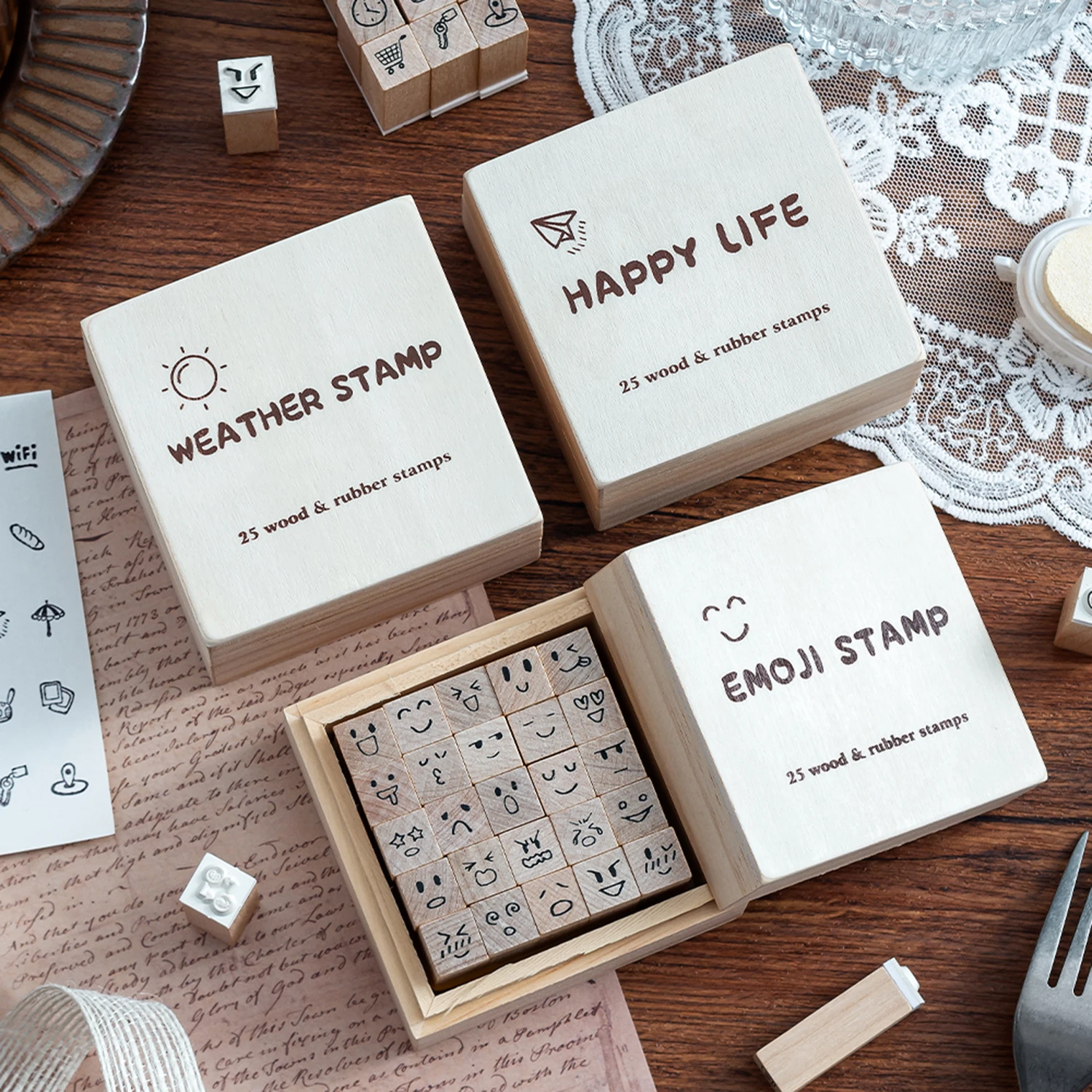 25pcs Wooden Rubber Stamp Set With Emoji Faces Weather And Daily Life Icons, Boxed Craft Stamps For Journaling Scrapbooking