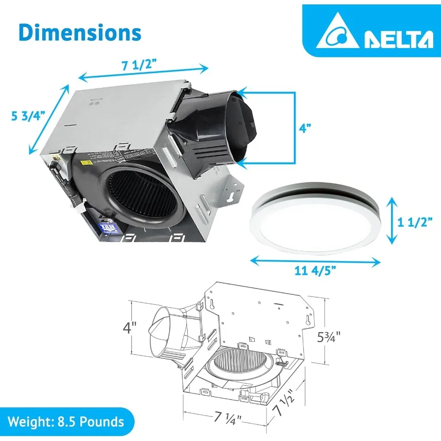 Energy efficient quiet operation ceiling mount bath fan with LED edge-lit flat round panel light 100 CFM exhaust capacity ideal