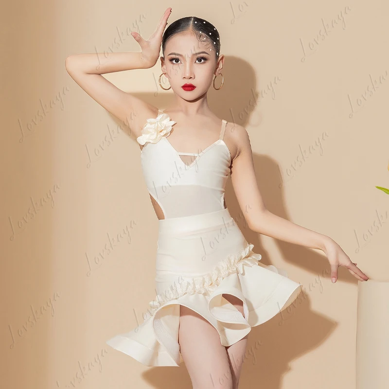 Robe de danse latine pour enfants, entraînement professionnel, sans manches, col licou, dos nu, robe de Performance, costume en dentelle rose, nouvelle collection