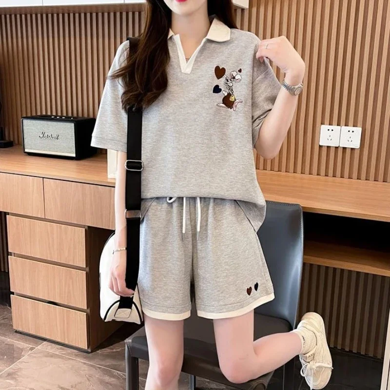 

Women's Short Sets 2 Pieces POLO T Shirt Cotton Baggy Katoen Cute Korean Style Chic and Elegant Promotion Outfit Female Shorts