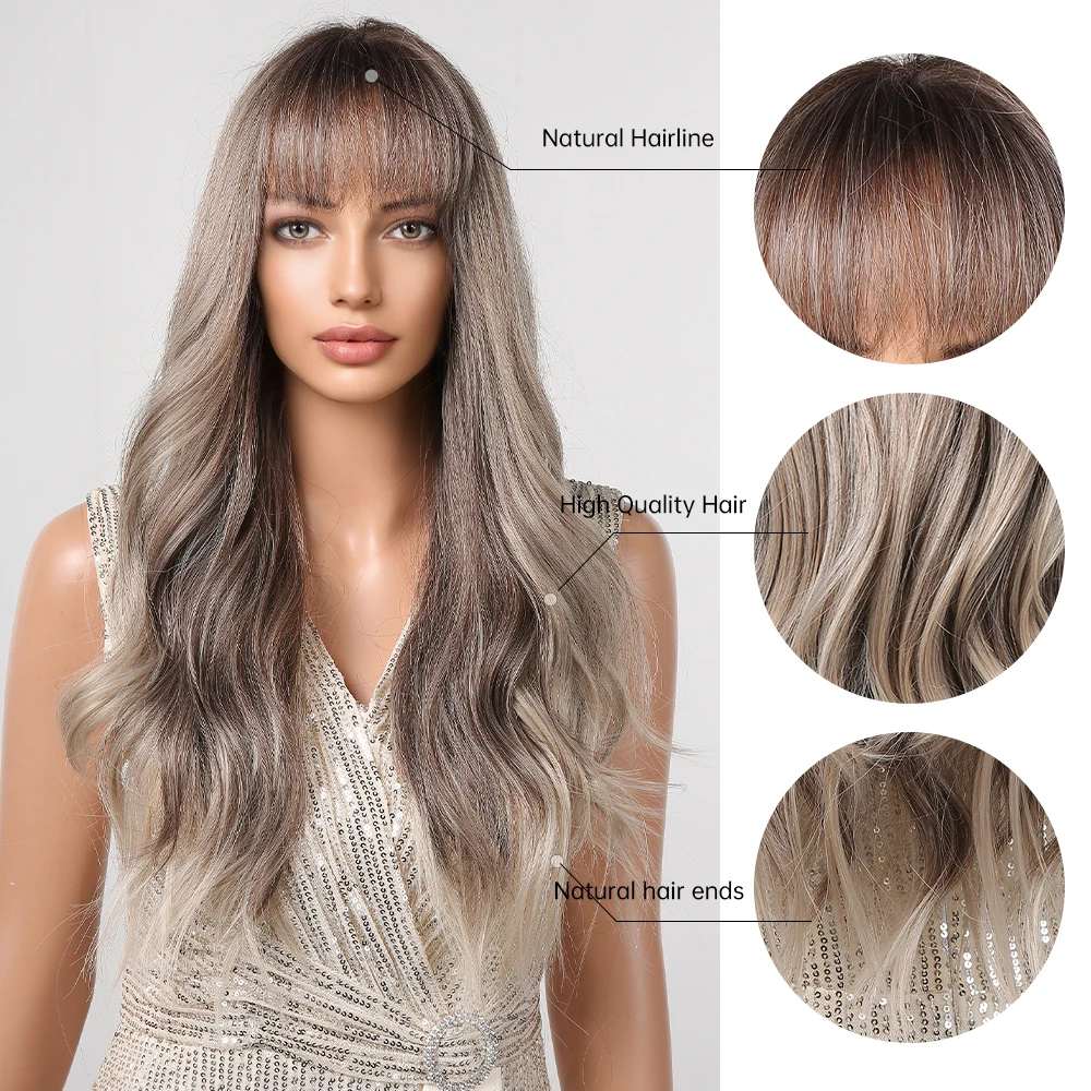 HENRY MARGU Ombre Light Brown Platinum Blonde Synthetic Wig with Bangs Long Wavy Hair Wig for Women Natural Heat Resistant