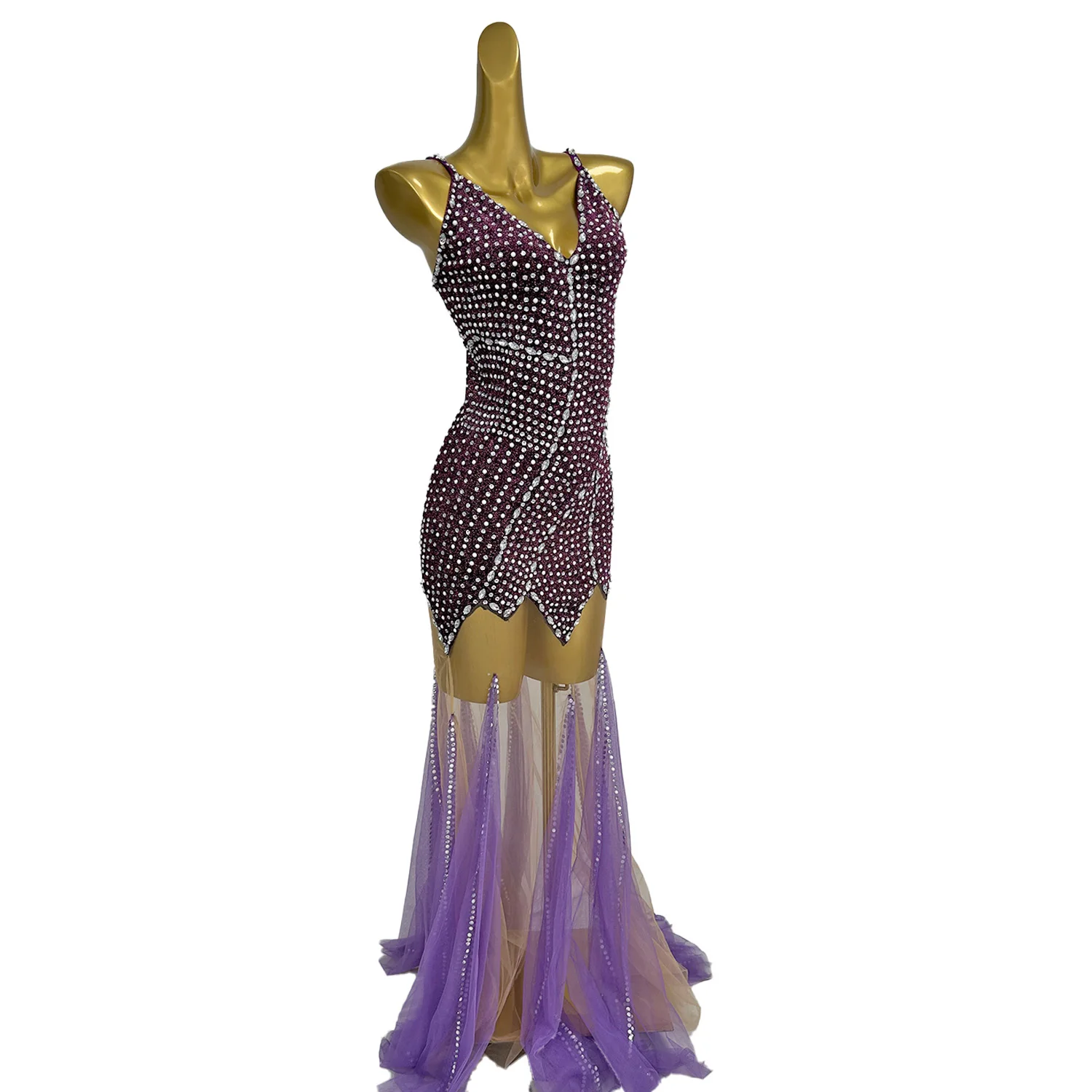 Luxury Dinners Rhinestone Fishtail Gown for Women Costume Party Elegant Sheer Mesh Long Dress Nightclub Prom Sexy Strap Dress