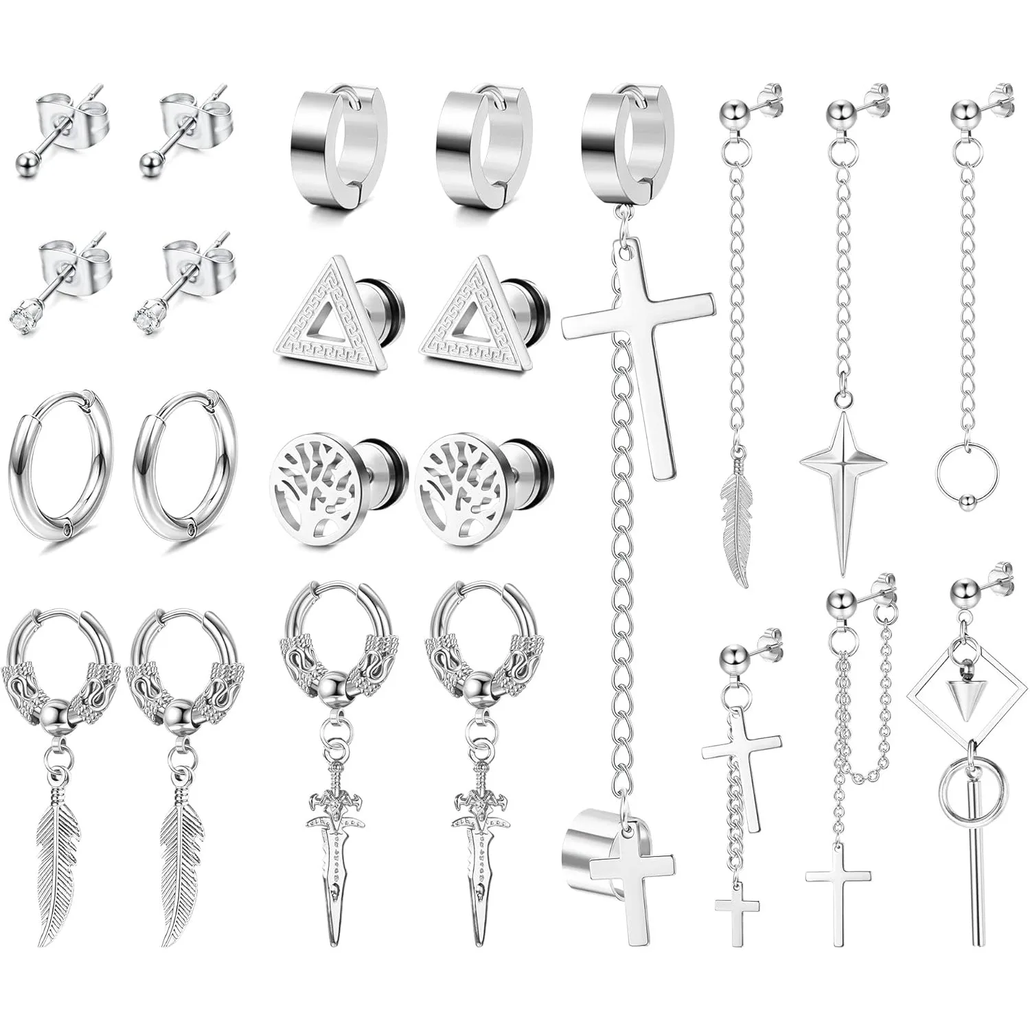 ORAZIO 22/23Pcs Stainless Steel Gothic Earrings for Men Silver Plated Stud Hoop Dangle Earrings Tiny Ball Cartilage Earrings Set