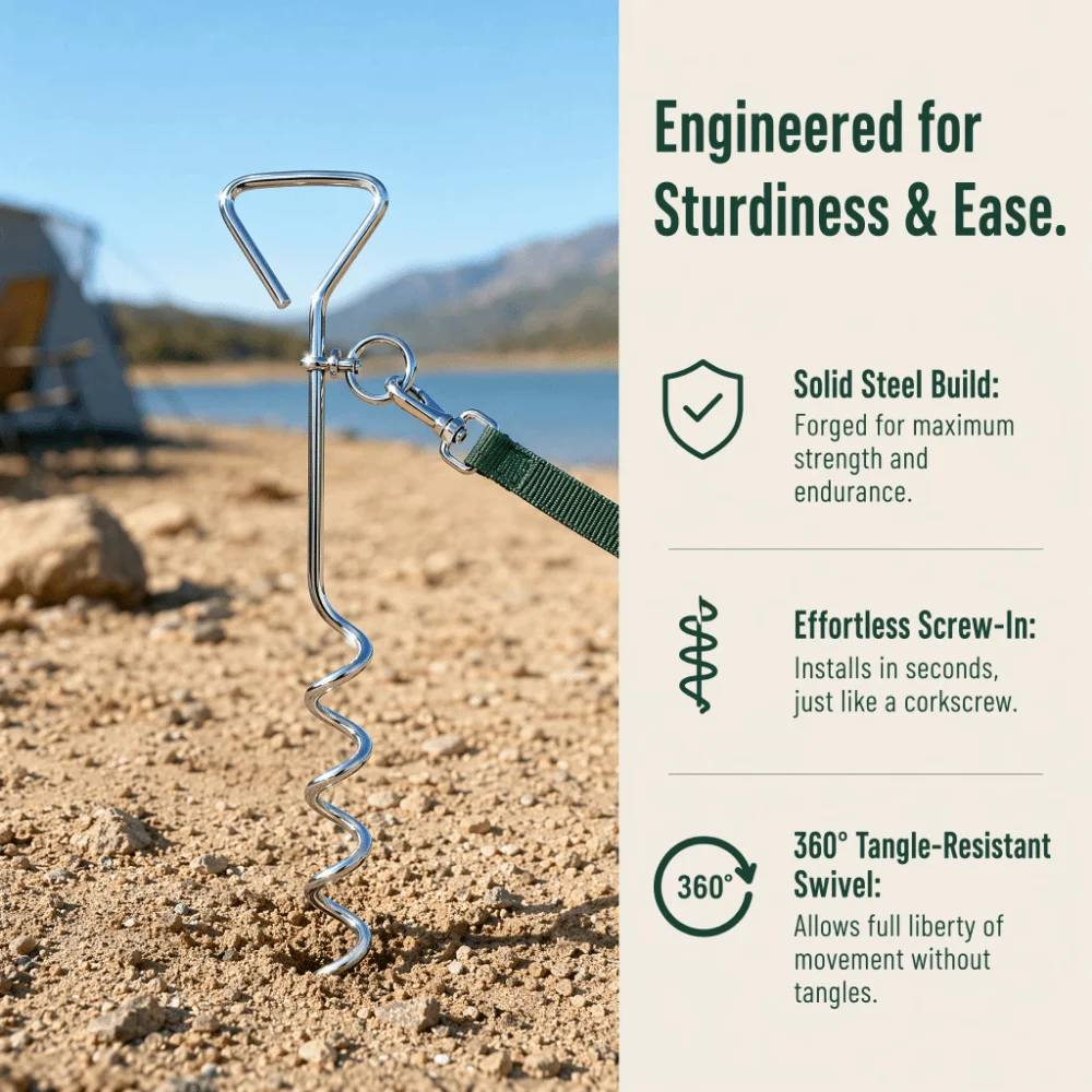 Fixed Pile Heavy Duty Dog Stake Reinforced 360° Rotating Dog Ground Anchor Rust-Proof Anti-Escape Dog Tether Stake Beach