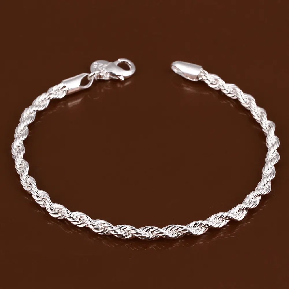 Pulsera de cadena de cuerda trenzada de Plata de Ley 925 para hombres y mujeres, joyería de moda, regalos de fiesta, venta al por mayor, nuevo, 4MM, envío directo