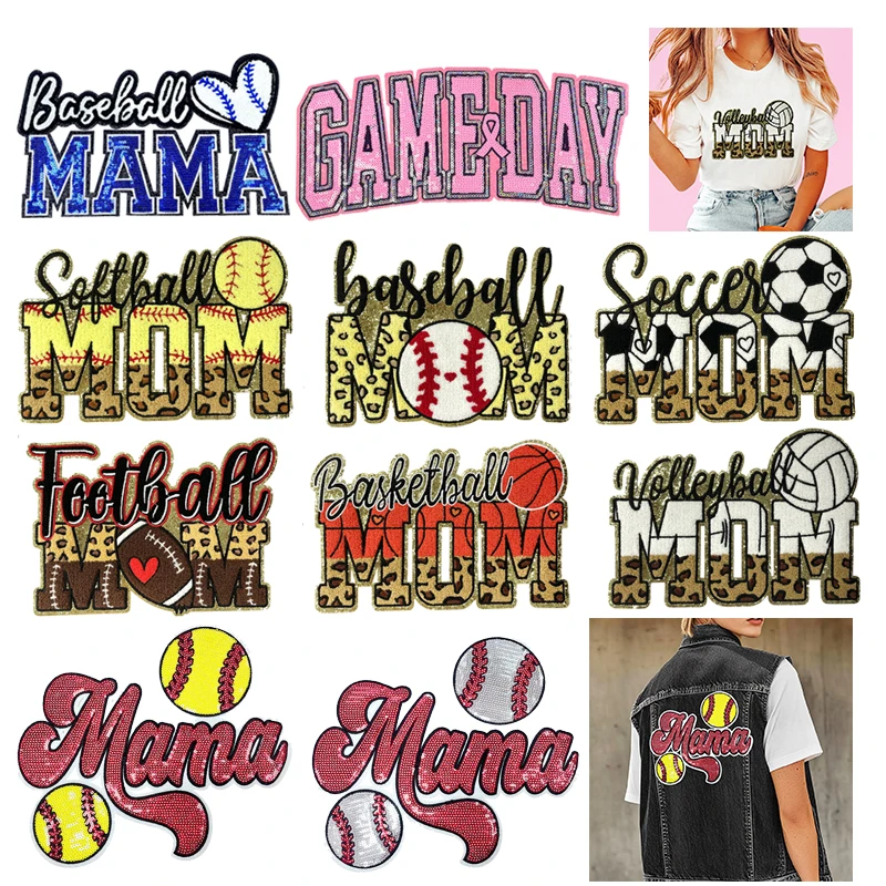 

Large Patches MOM Softball Football Chenille Embroidery Patches MAMA Bead Sequins Patch Clothes Sew Decorate USA Hot-selling DIY