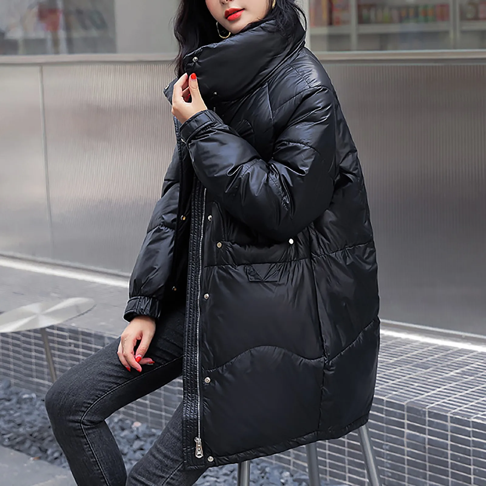 Fashion Women Bright White Red Black Puffer Jacket Winter Warm Bubble Coats Shiny Leather Parkas Down Zipper Parkas Jacket