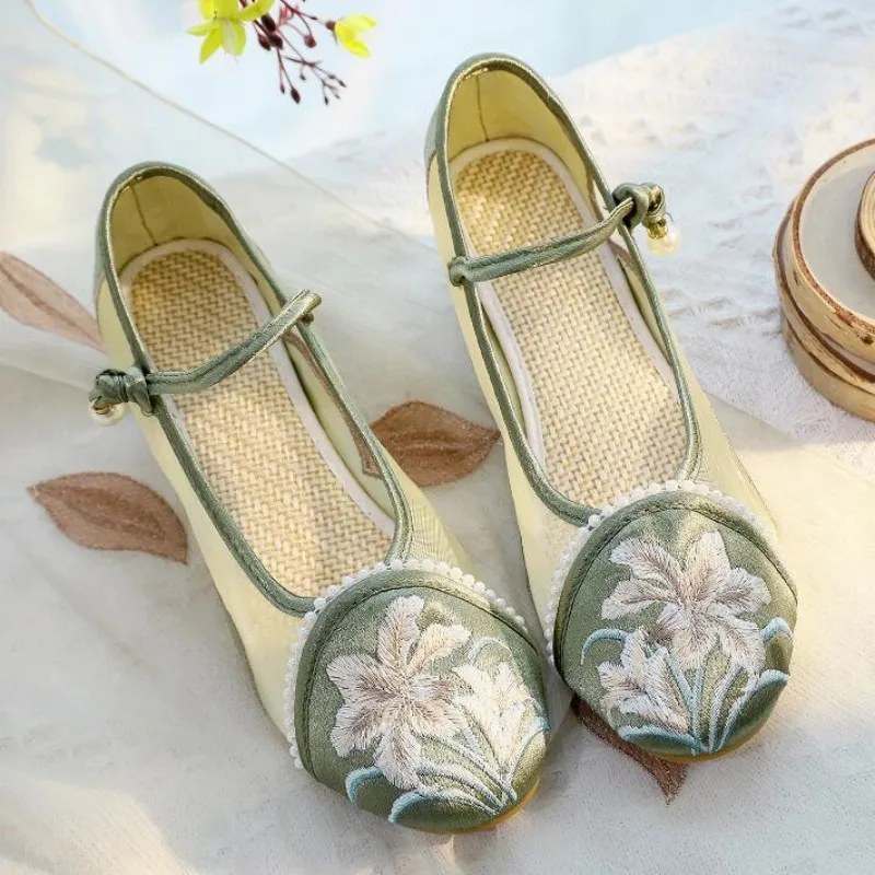 Women Round Toe Low-Heeled Embroidered Dress Shoe Chinese Stylish Mesh Mary Jane Pumps Ankle Strap Summer Shoes for Ladies