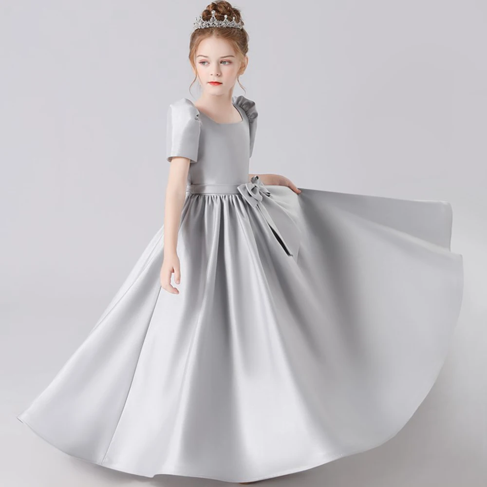 

Satin Flower Girl Dress For Wedding Elegant Short Sleeve Floor Length With Bows Child's First Eucharistic Birthday Party Dresses