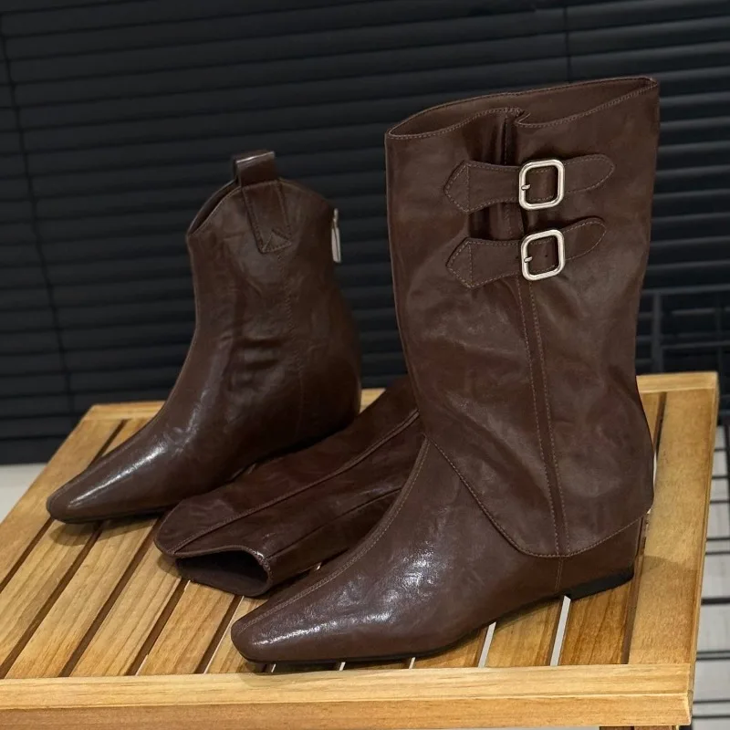 

Два износа внутри, увеличивающие ботильоны на низком каблуке, модные противоскользящие износостойкие туфли на молнии с квадратным носком