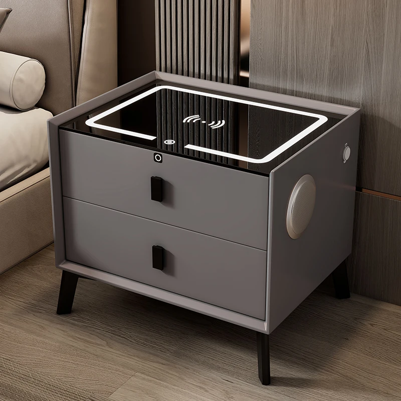 أثاث غرفة نوم ذكي فاخر بجانب السرير مصنوع من الخشب الصلب متعدد الوظائف للشحن اللاسلكي خزانة تخزين منضدة ذكية #3