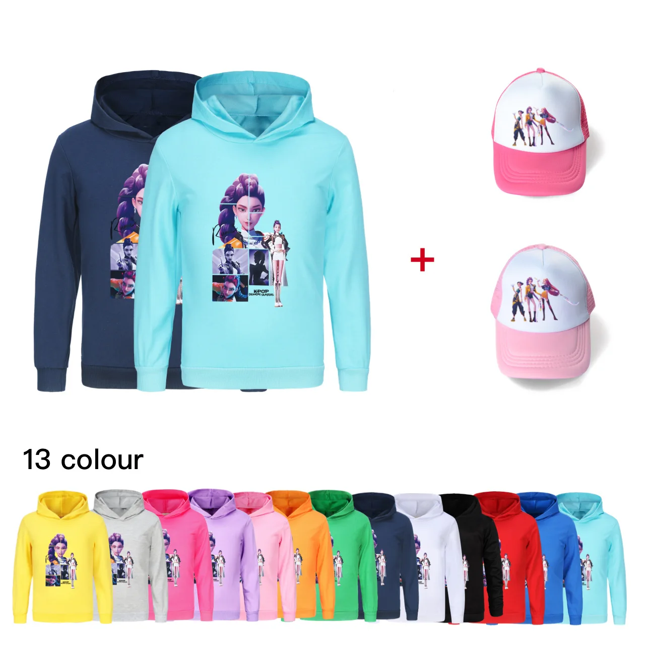

Детские толстовки KPop Demon Hunters Merch Kpop, свитшот для мальчиков и девочек, модная универсальная уличная одежда, пуловеры Y2K, топ и шляпа от солнца
