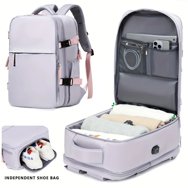 Large capacity expandable travel backpack with suitcase-style full open design and separate shoe compartment, ideal for air trav