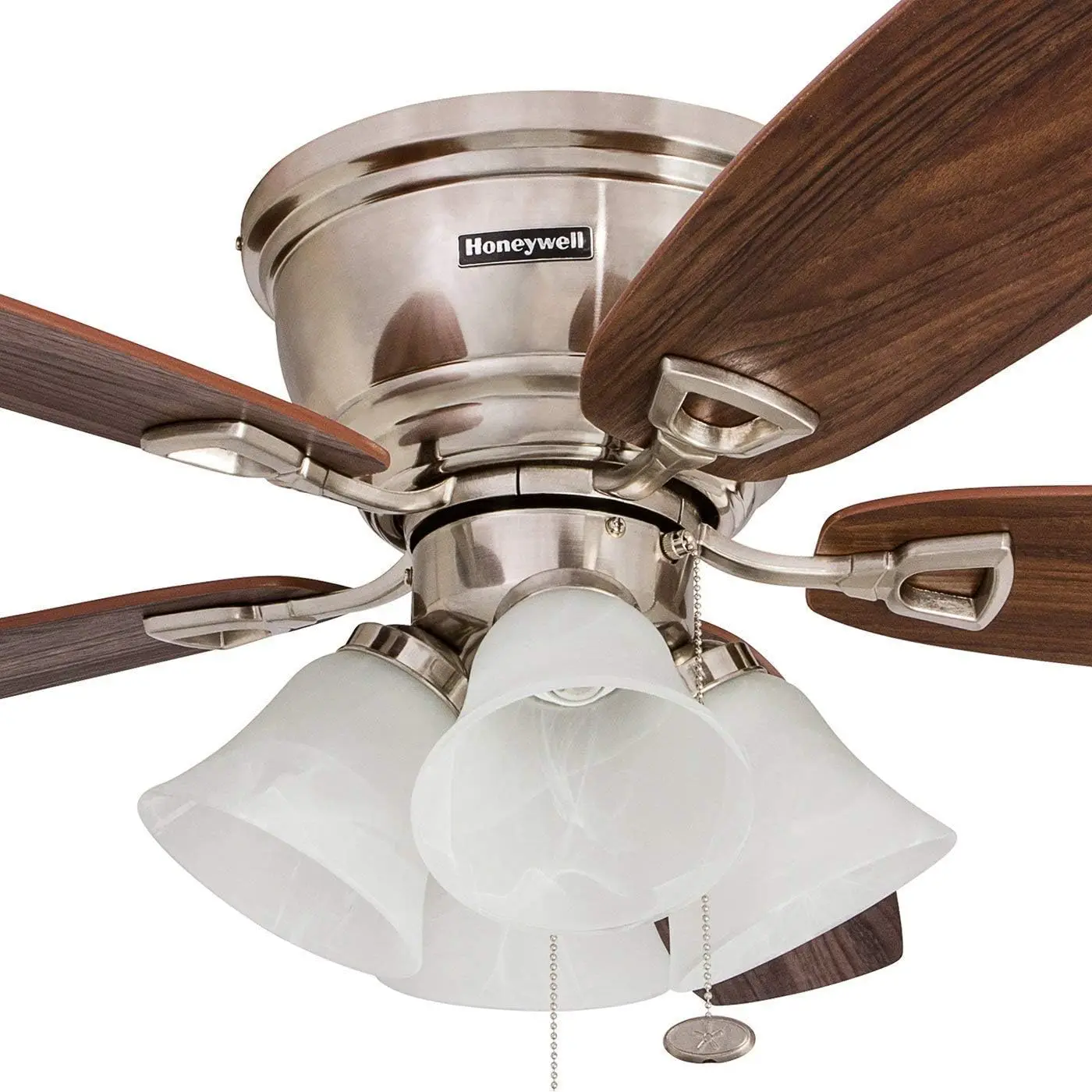 52 Inch Classic Flush Mount Indoor LED Ceiling Fan with Light, Pull Chain, Quick-2-Hang Dual Finish Blades, Reversible Motor