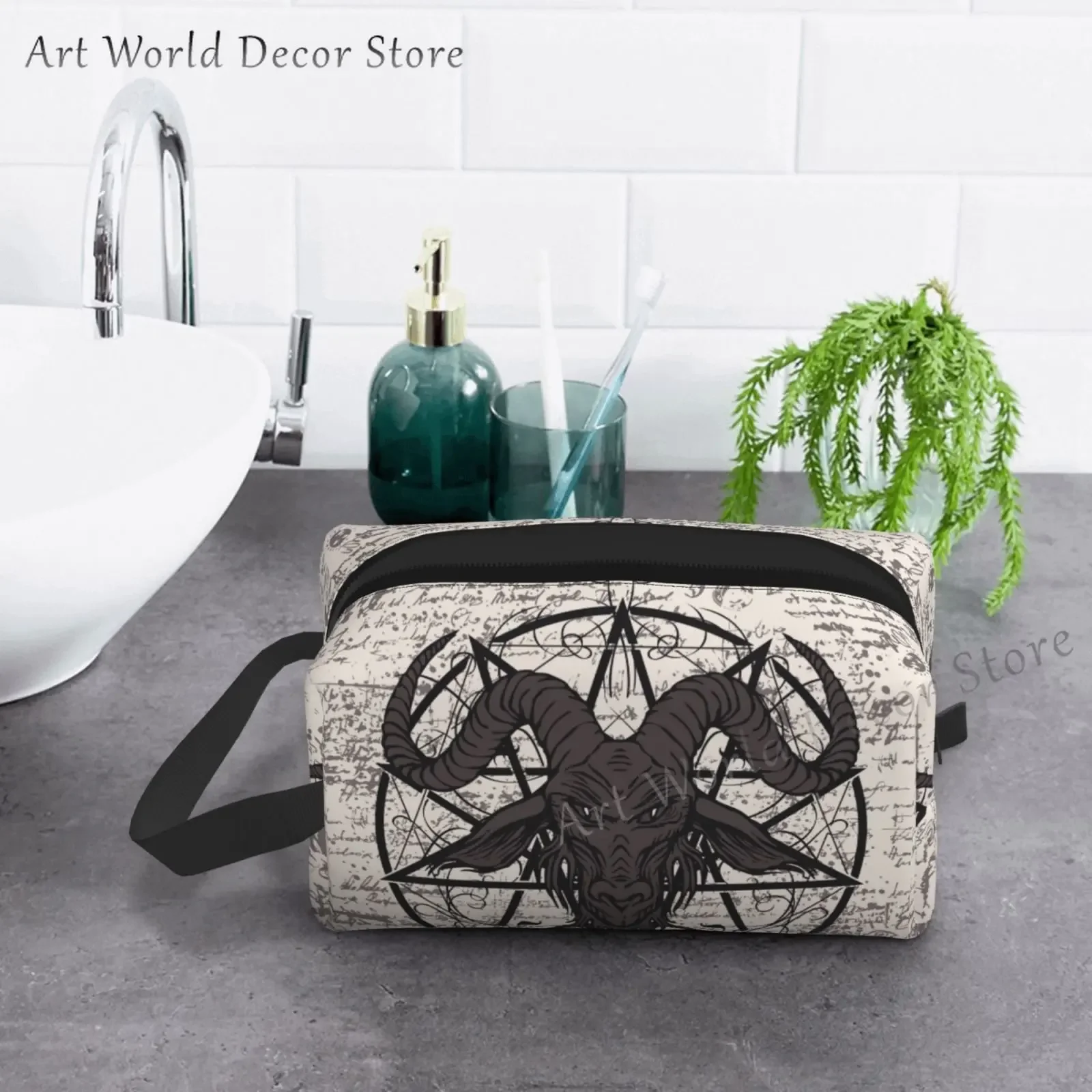 Baphomet Pentagram Satantic Occult Church of Satan Goat Goth Storage Bag Portable Large Capacity Travel Toiletry Cosmetic Bag