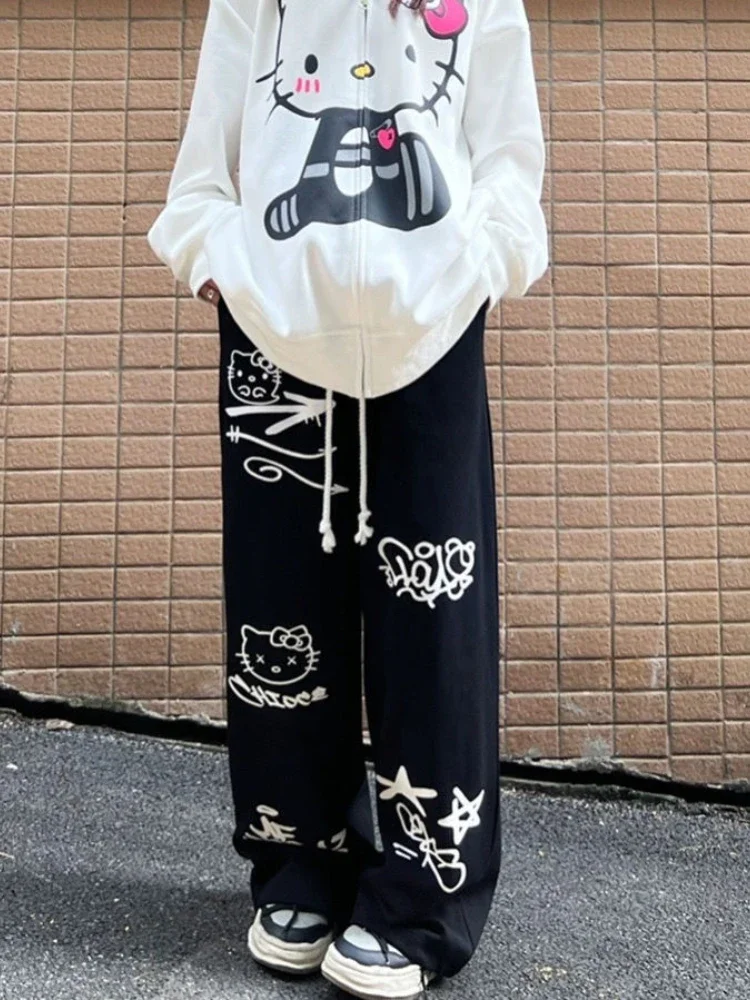 QWEconvex-Pantalon droit japonais Harajuku Kawaii pour femme, impression de dessin animé mignon, mode Kpop, décontracté, fjcoréen, printemps, automne, 2024