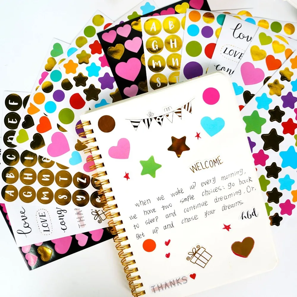 12 Sheets Stickers Dots Star Heart Colorful Children DIY Accessories Sticker Diary Decoration Growth Handbook Kids Rewards