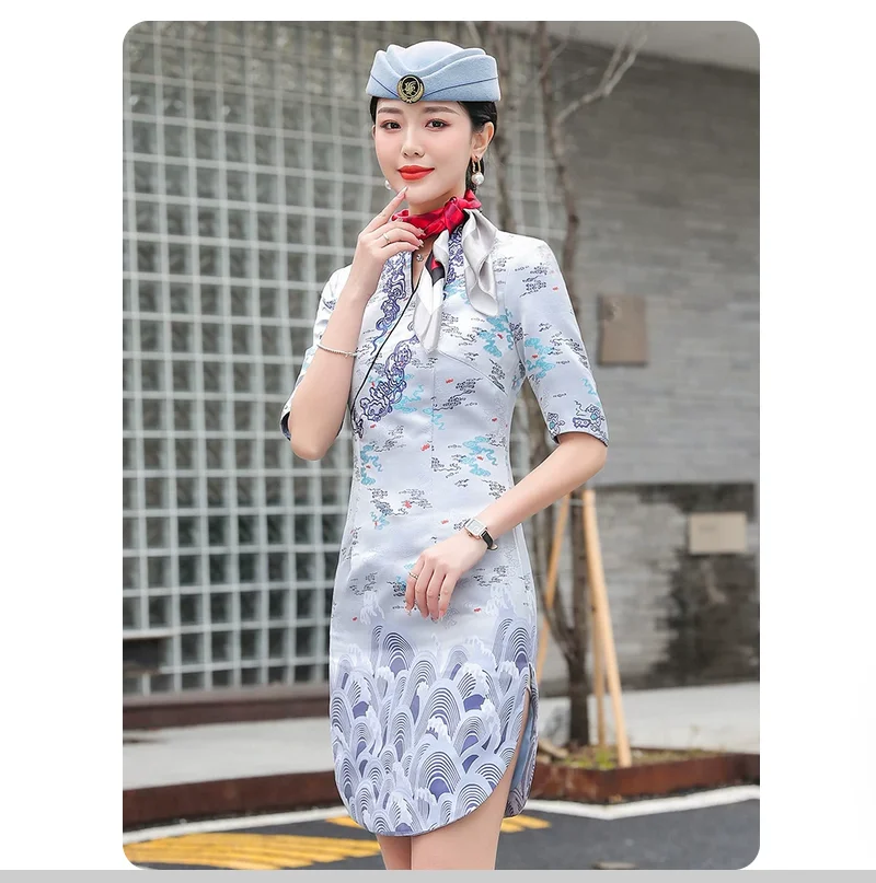 Female flight attendant uniform summer style Chinese style cheongsam dress professional attire