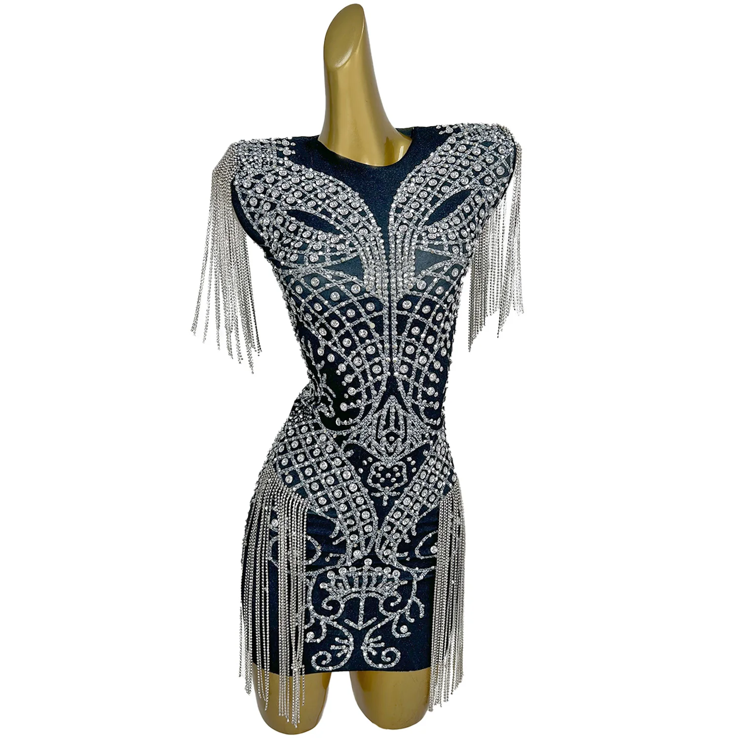 

Jazz Style Chain Tassel Skirt Shiny Silver Rhinestone Sleeveless Tight Skirt Nightclub Club Festival Party Dress mianju