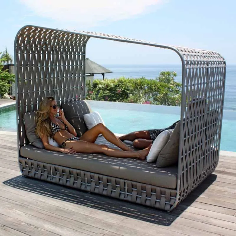 Nordic Outdoor Lying Bed Vine Weaving Floor to Floor Double Bed Creative with Sunshade Resort Hotel Leisure Vine Bed