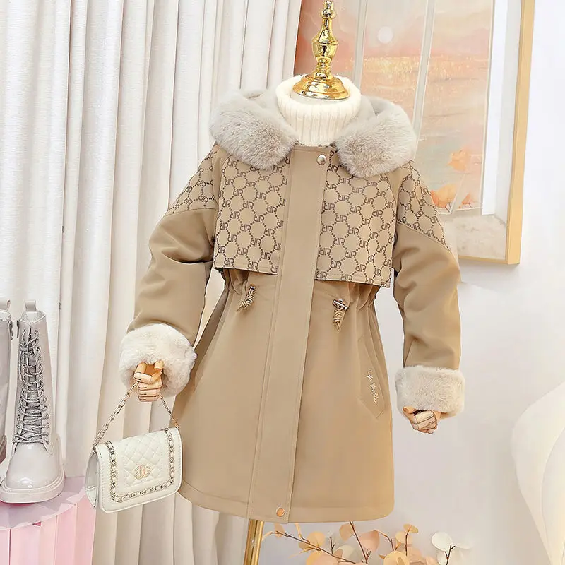 Winter Girls Overcoat Thickened Windbreaker Fashion Hooded Jacket Parka Clothes Medium Long Kids Coat Plaid Children Outerwear