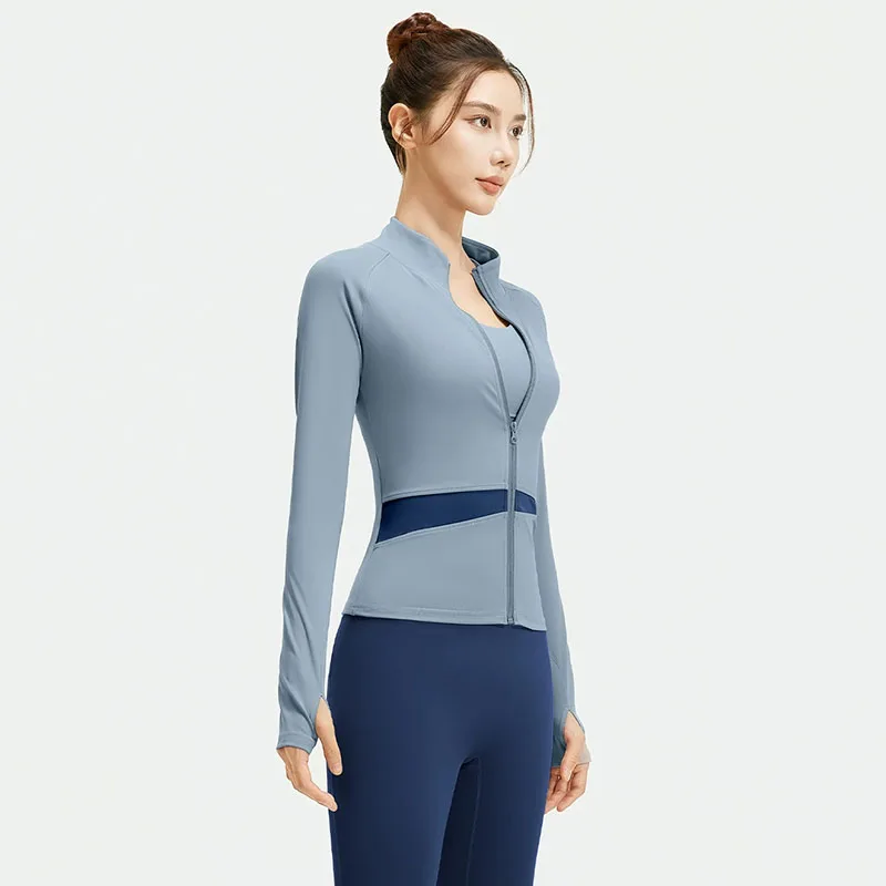 Koreaanse patchwork yogajassen dames opstaande kraag slim fit naakt gevoel fitnessjassen hoge elastische ademende sportkleding