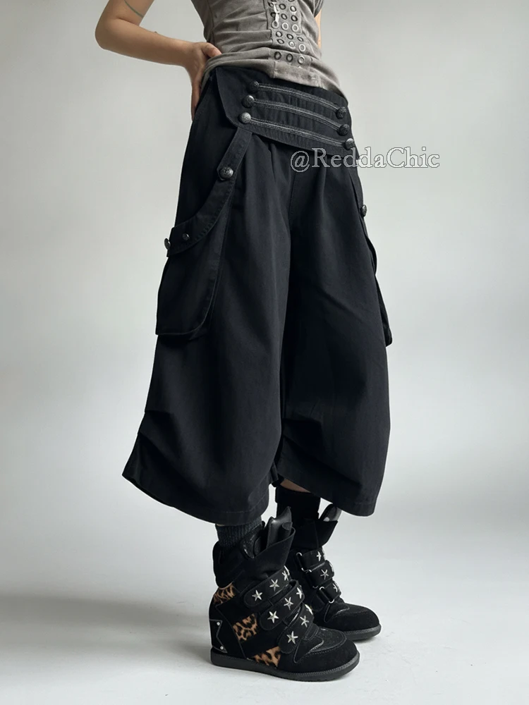 REDDACHiC Goth Royal Women Capri Cargo Pants Vintage Button Low Waist Pleated Baggy Bermuda Shorts Alternative Summer Clothes