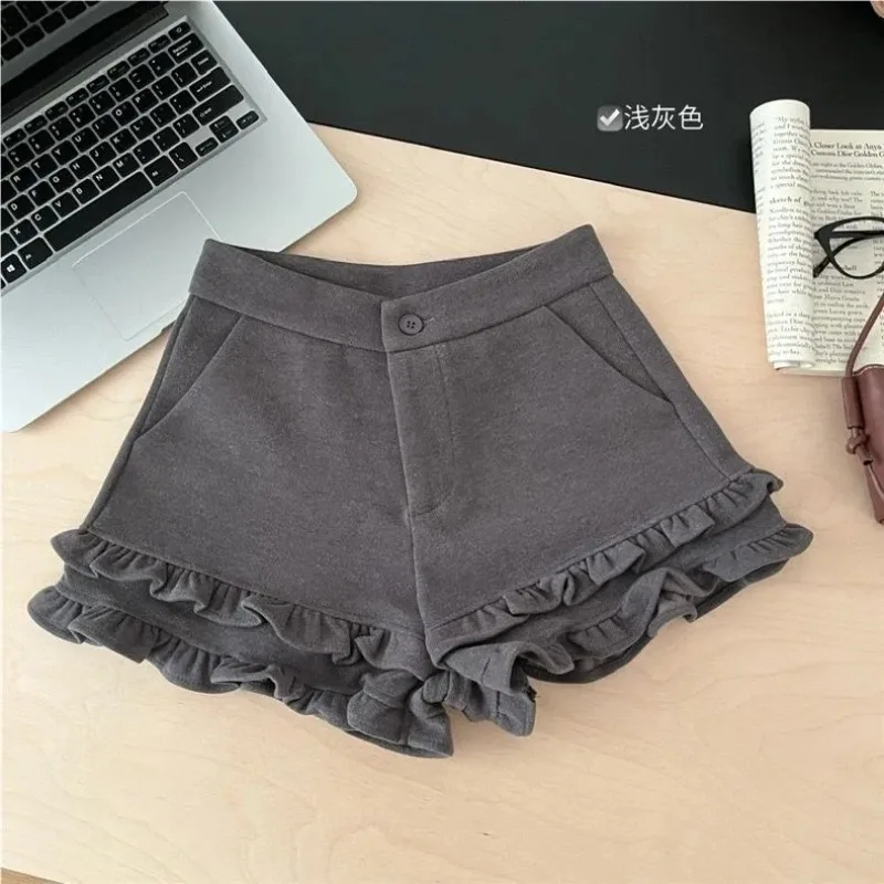 

Женские светло-серые шорты с рюшами, с высокой талией, повседневные, свободные, мягкие, однотонные, для ежедневной носки