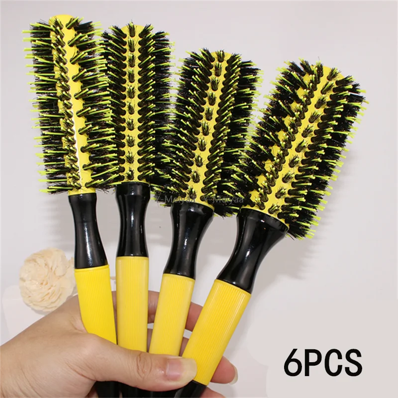1/6 Stück Wildschweinborsten-Holzkamm Runde Haarbürste Lockenbürsten Damen-Haarstyler Professionelles Friseur-Styling-Werkzeug – Detail 1